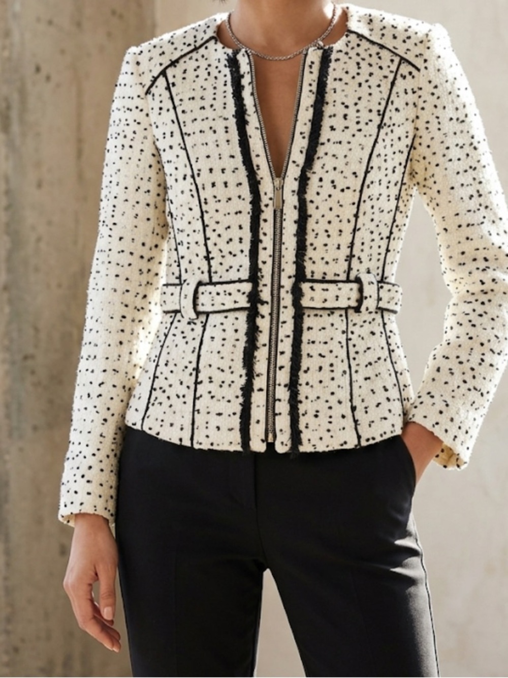 Cache Cream Bouclé Blazer with Black Trim and Speckle